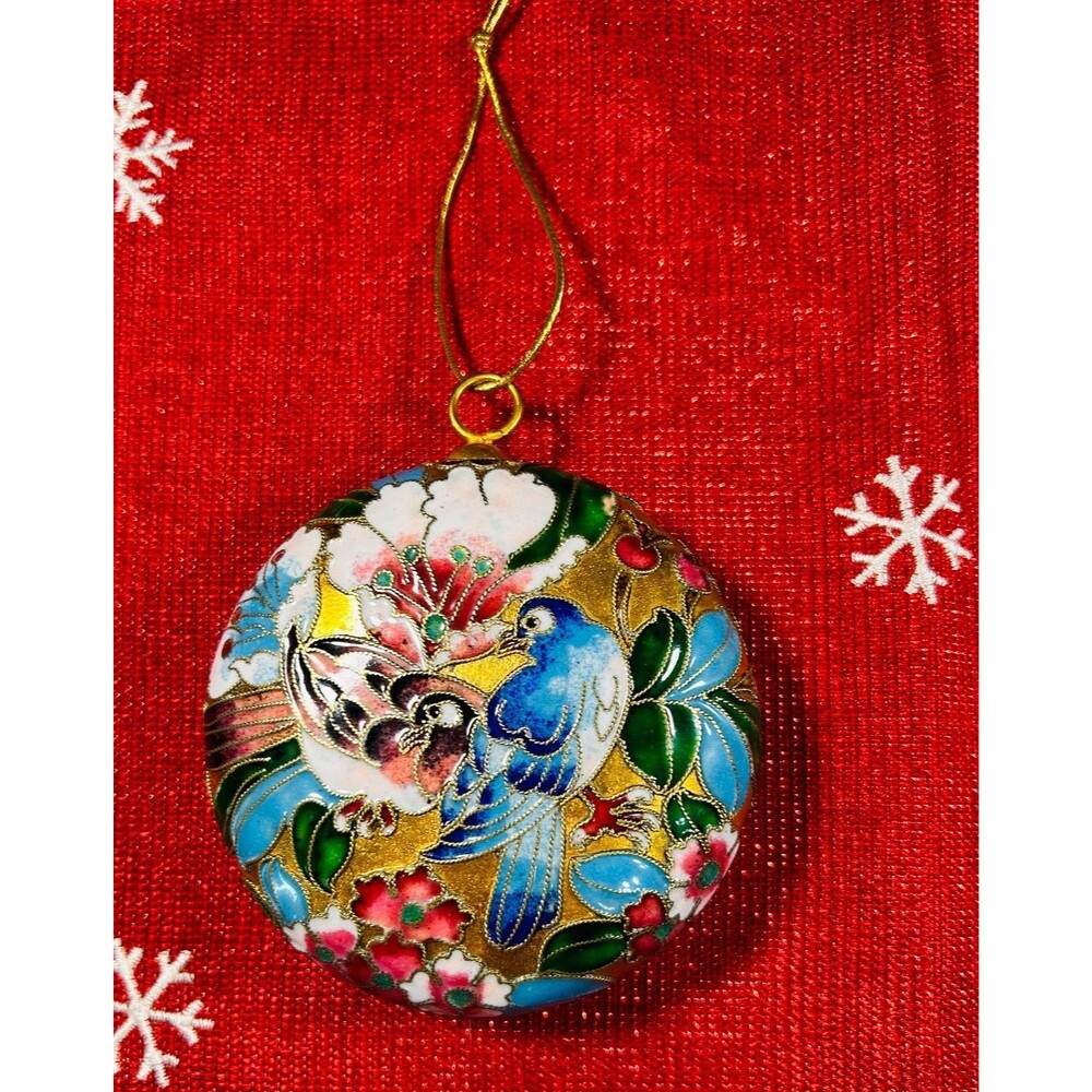 Vintage 4" Chinese Cloisonné Enamel Bird Flower Ornament Pendant Medallion/ Box